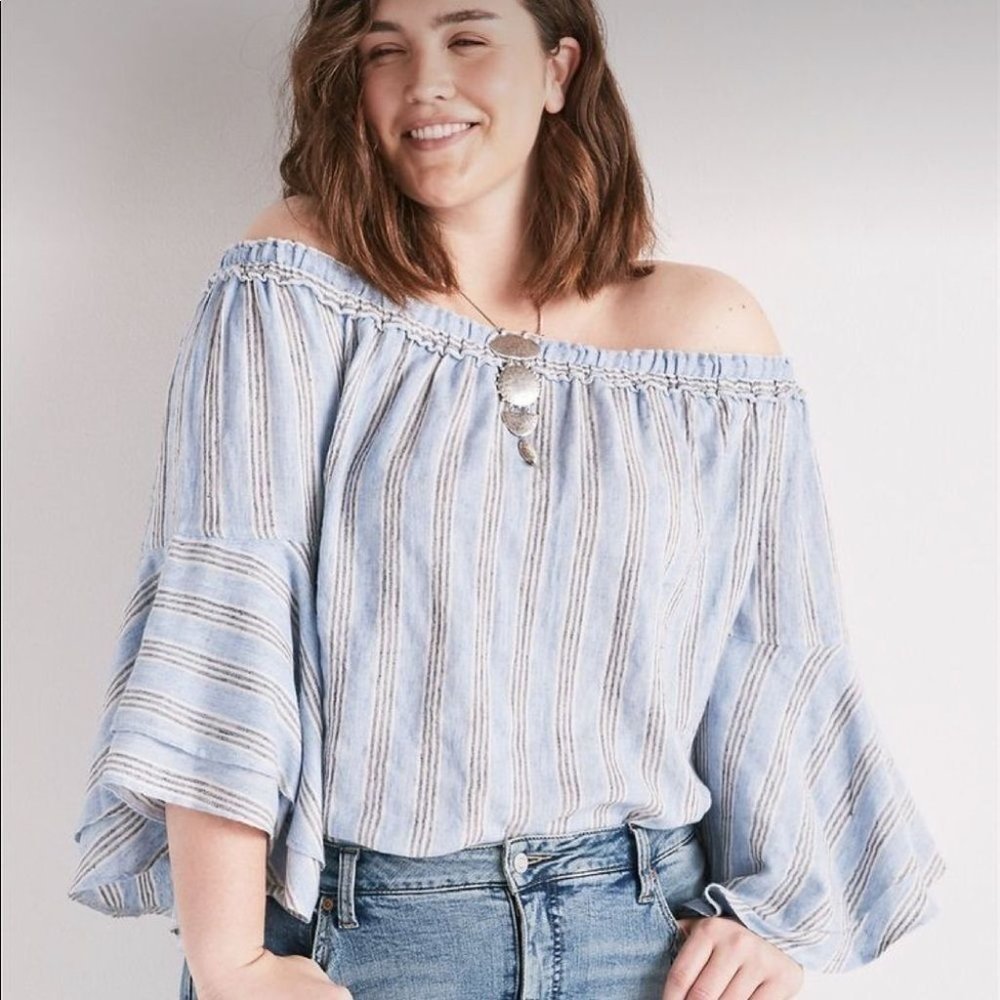 Lucky Brand Off Shoulder Bell Sleeve Striped Top - Picture 2 of 10